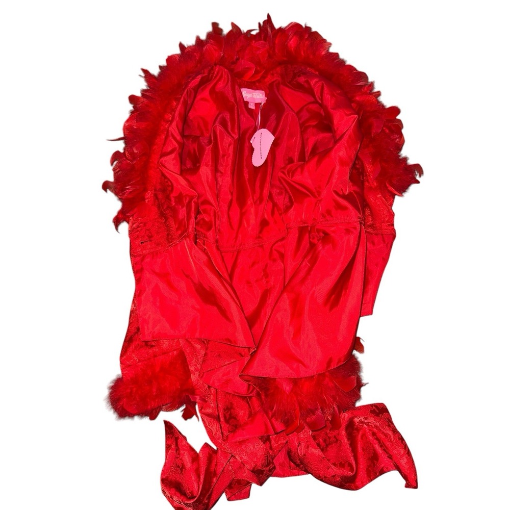 New Dolls Kill Sugar Thrillz Spicy Crushes Brocade Coat Red Feather Trim‎ Dancer - Picture 8 of 16